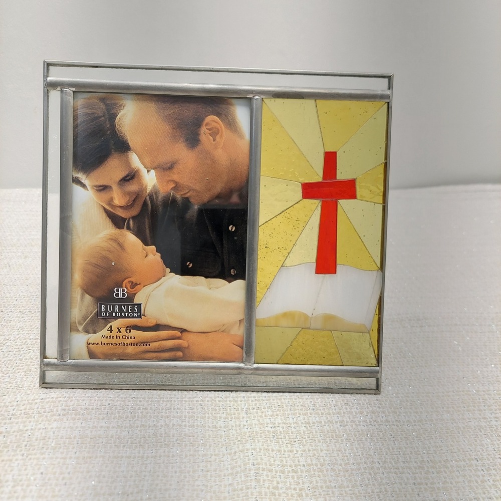 Burnes of Boston Stained Glass Cross‎ Bible Picture Frame 4x6 Religious Decor